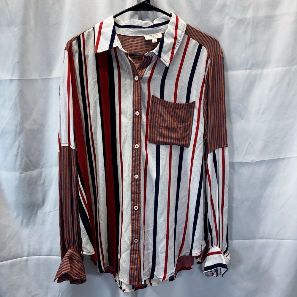 Umgee USA Women Medium Red‎ Navy White Striped Mixed Pattern Button Down Shirt